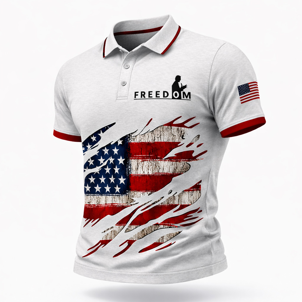 Polyester Cotton Blend American Flag Design Freedom Print Men's Polo Shirt