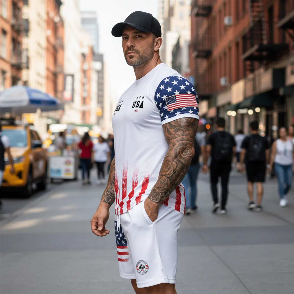 Cotton USA Flag Print Short Sleeve T-Shirt For Men - Patriotic American Design With Stars And Stripes Pattern