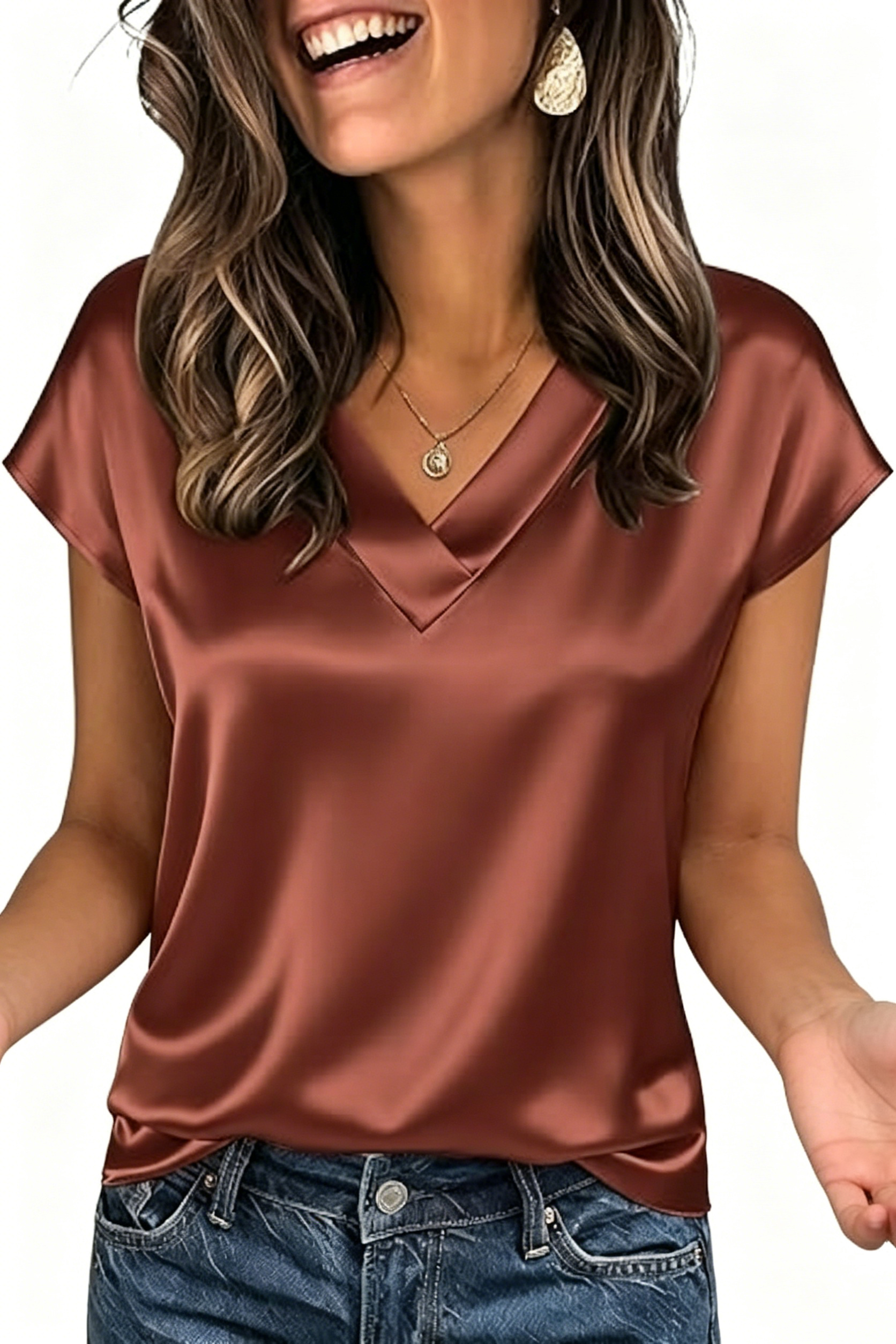 Elegant Satin V‑Neck Short‑Sleeve Blouse – Luxurious Casual‑Chic Top for Women