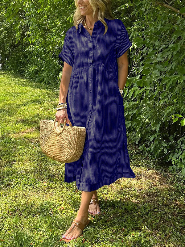 🎉 (Maat: S-4XL) 🛍️Nieuwe exclusieve zomerkleding 👗 Gestreepte revers-overhemdjurk met knopen | Met functionele zakken