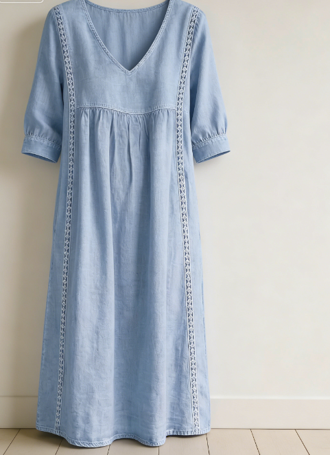 Neu eingetroffen 🔥 Damen lässiges locker geschnittenes Patchwork-Kleid mit Spitzenbesatz aus Leinen und Baumwolle