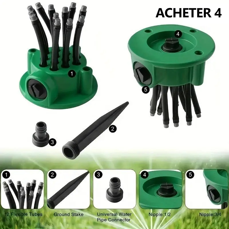 💧 Arroseur de Pelouse Multidirectionnel 360° 🌱 Irrigation de Jardin de Précision avec Buses Flexibles