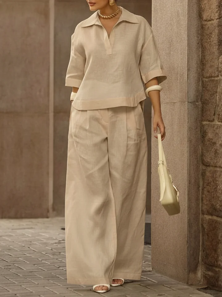 Women's Casual Linen And Cotton Shirt And Wide-leg Pants Two-piece Set