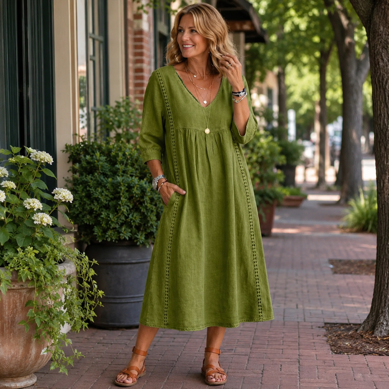 🌿 Effortless Elegance — Women’s Lace-Trim Midi Dress with Pockets ✨