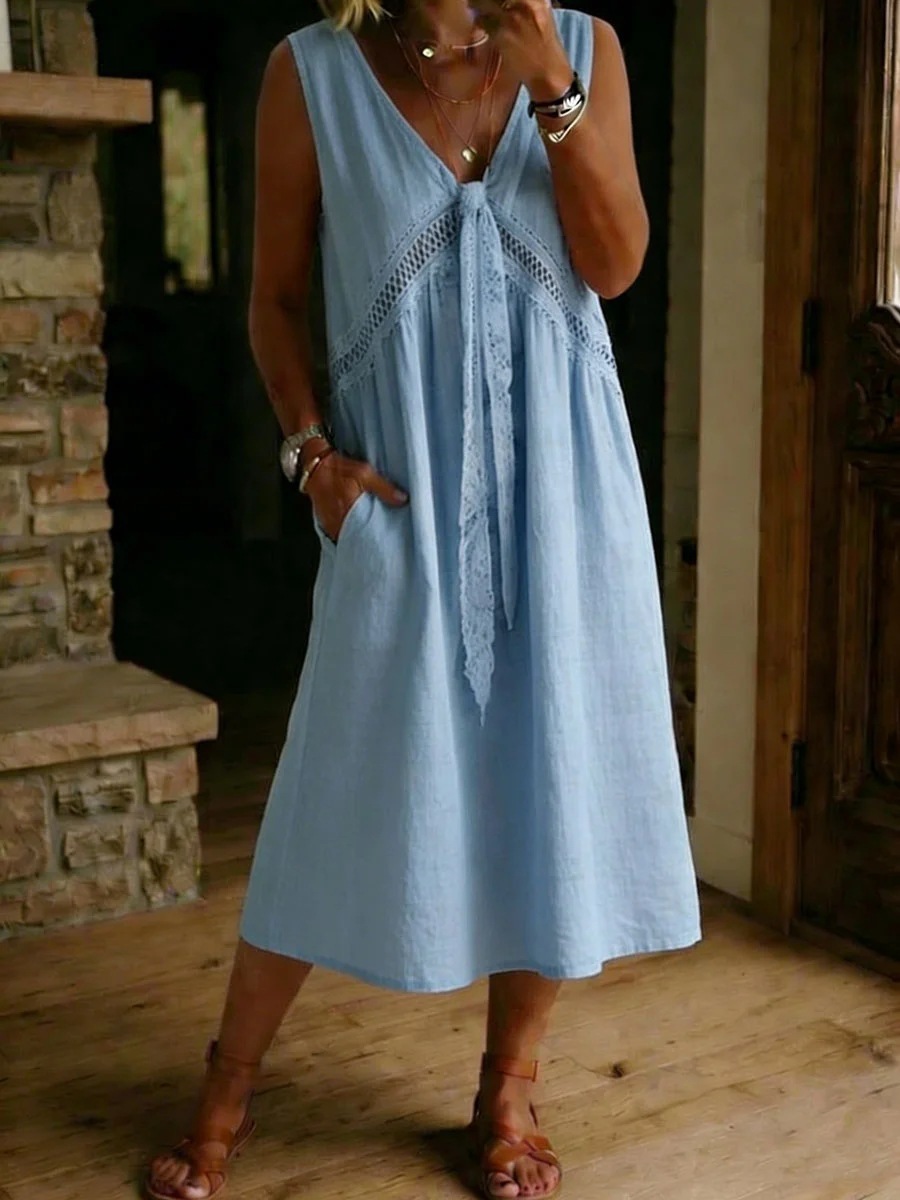 🔥👗Women's Casual Loose-fitting Patchwork Lace Trim Linen And Cotton Dress