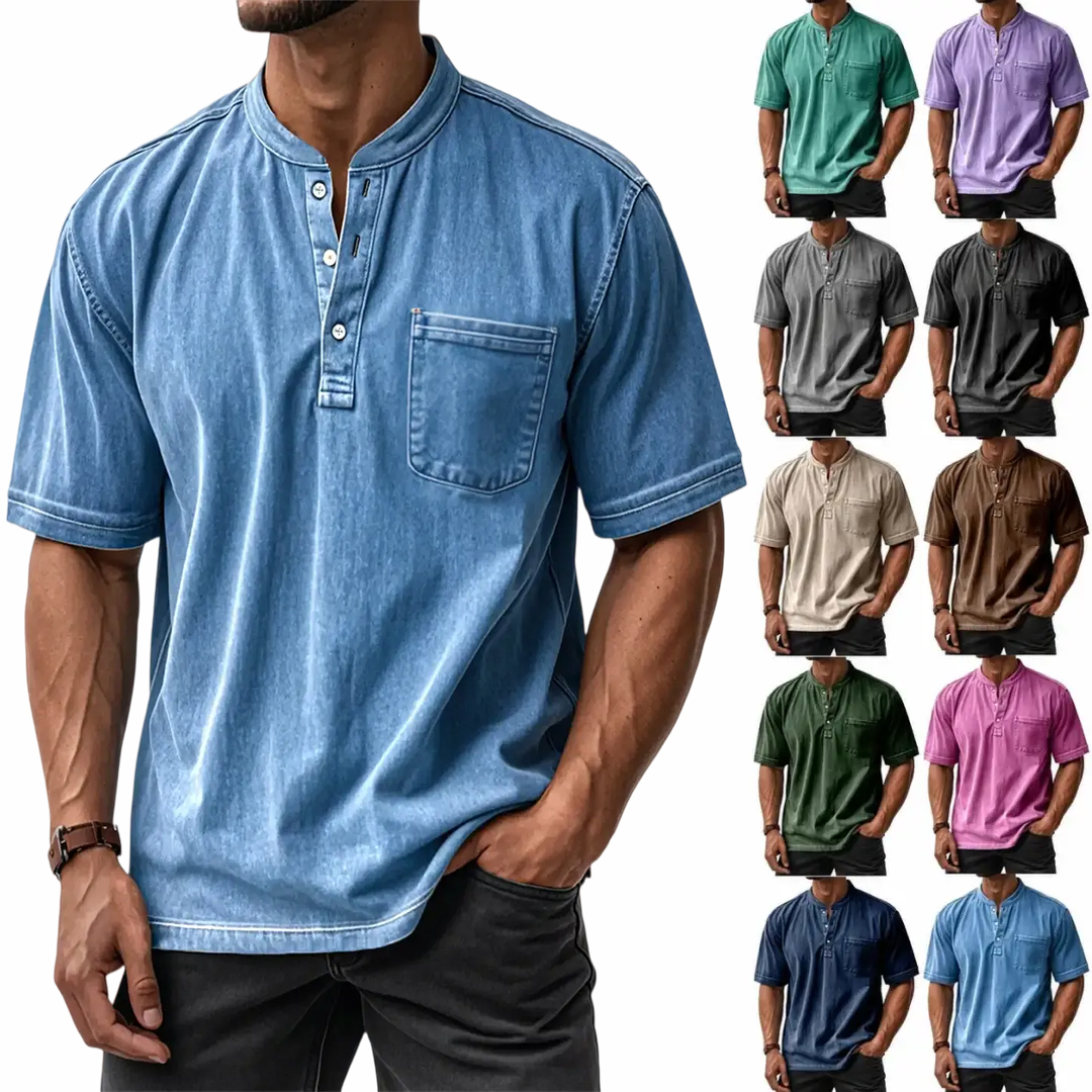 Men's Casual Solid Color Vintage Loose Pocket Short Sleeve Button-down Henley Shirt