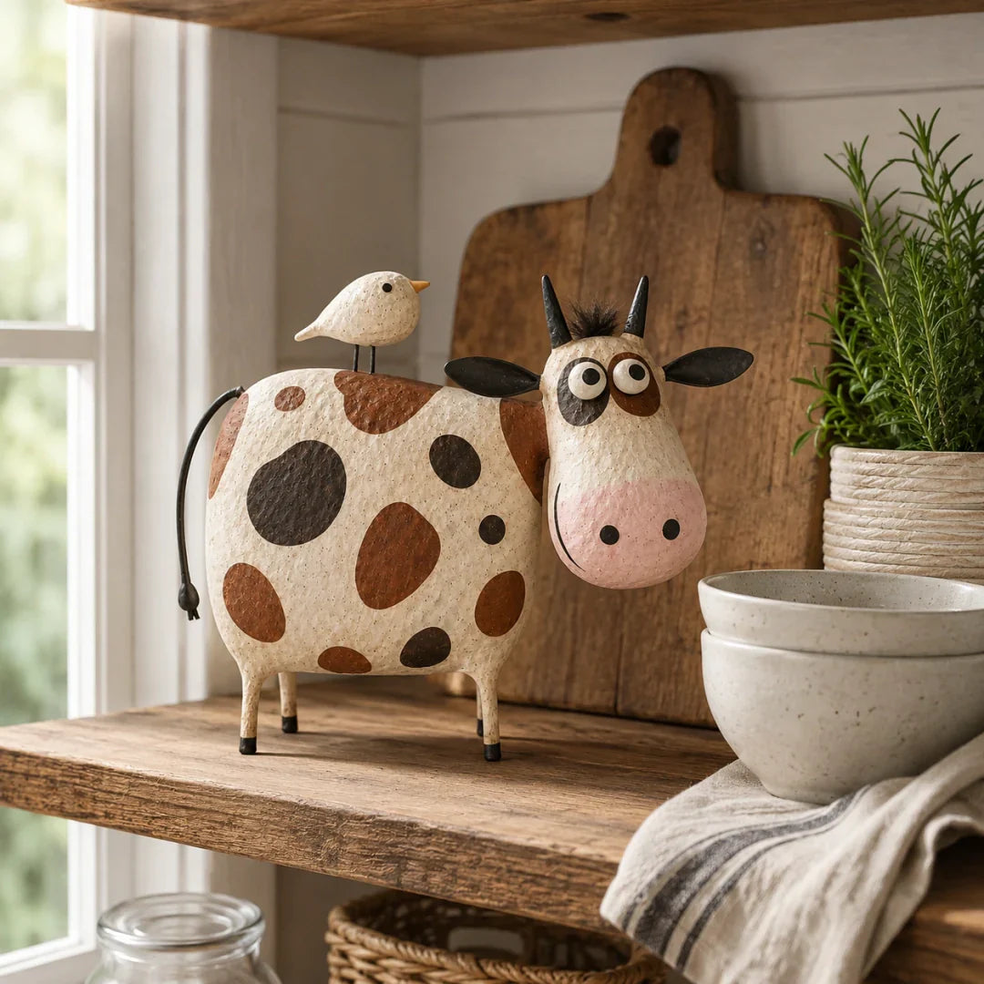 🐮 Whimsical Cow & Bird Folk Art Figurine – Charming Handmade-Inspired Decor for Your Home & Garden ✨