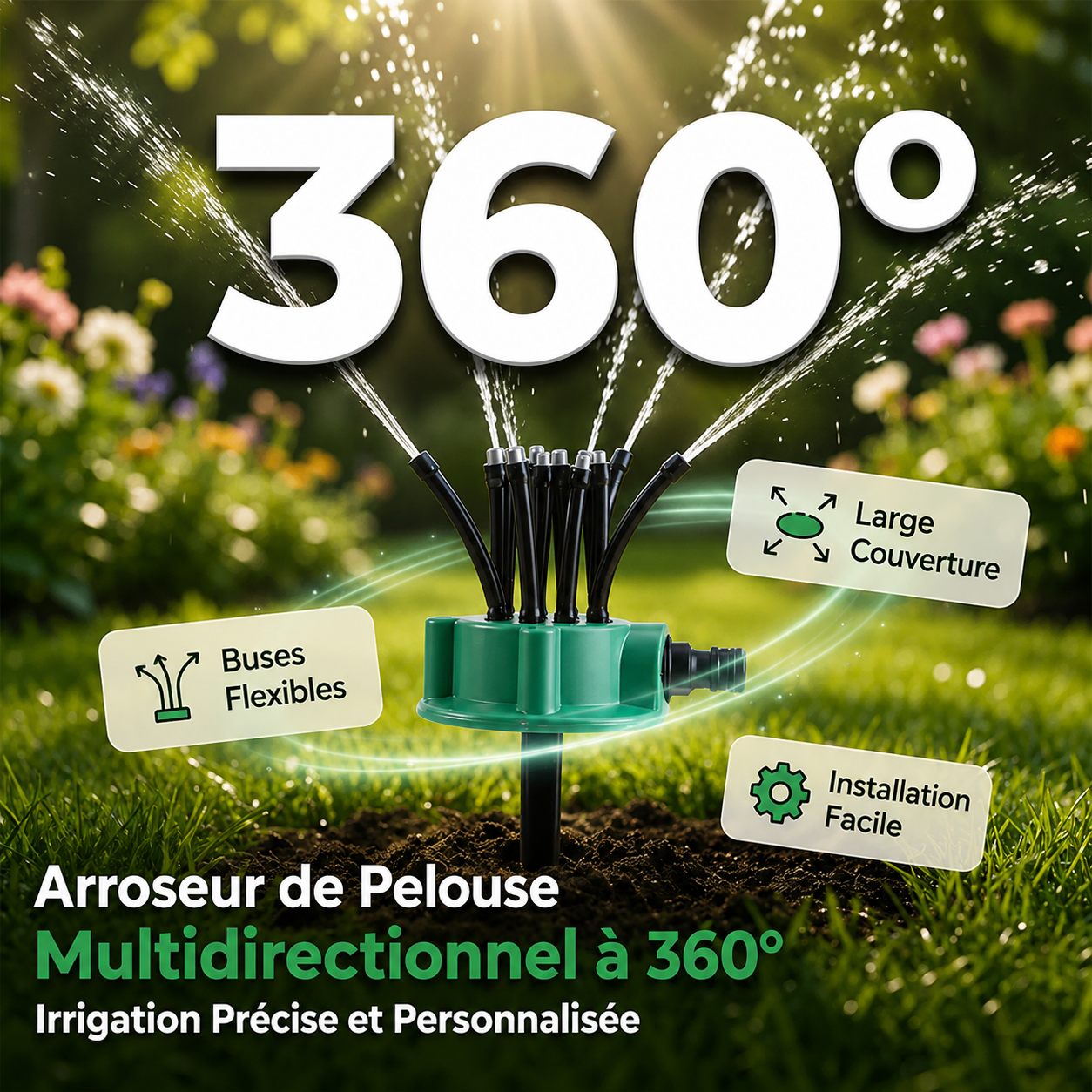 💧 Arroseur de Pelouse Multidirectionnel 360° 🌱 Irrigation de Jardin de Précision avec Buses Flexibles