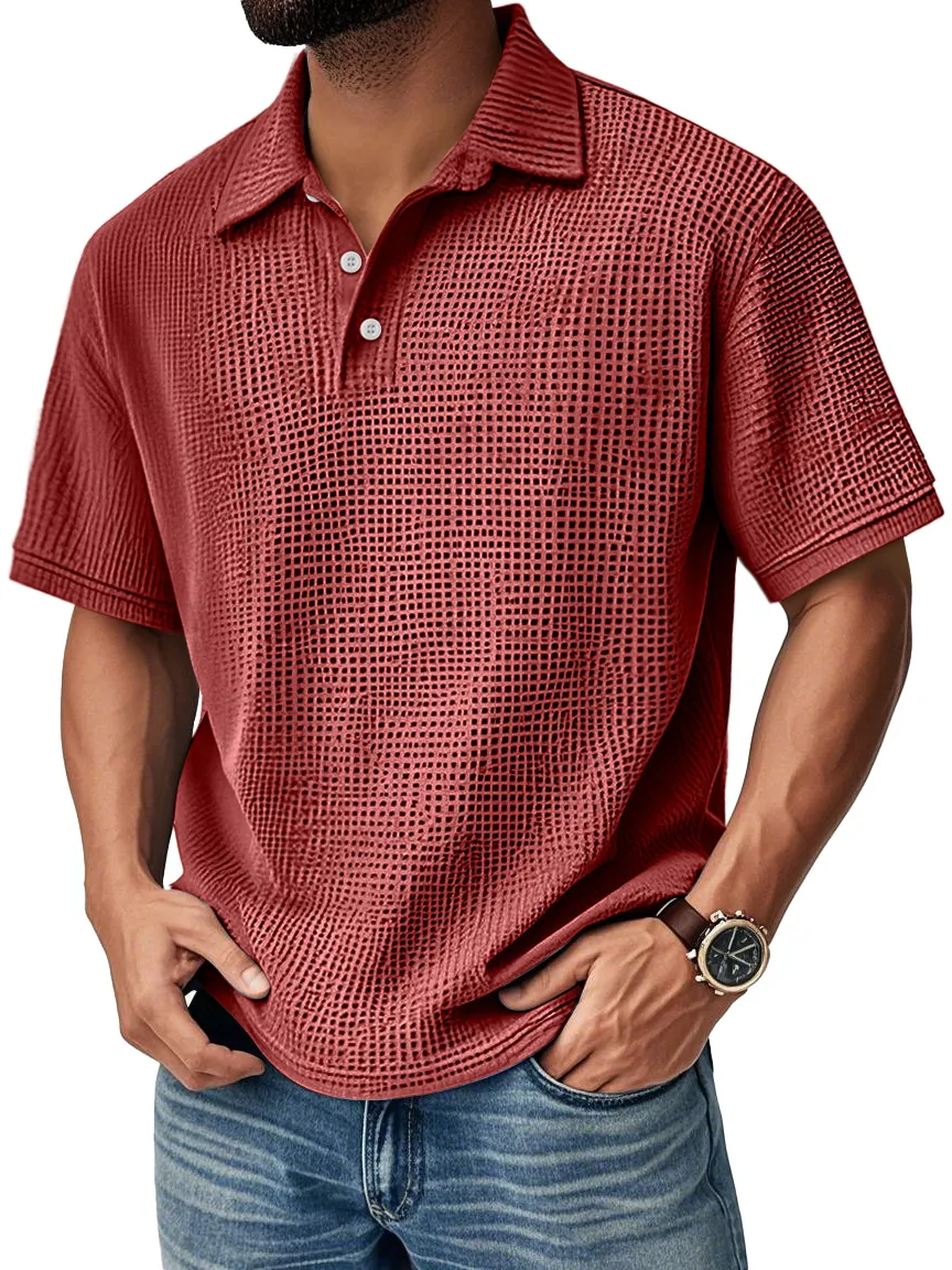 Men's Textured Grid-Pattern Short-Sleeve Polo Shirt
