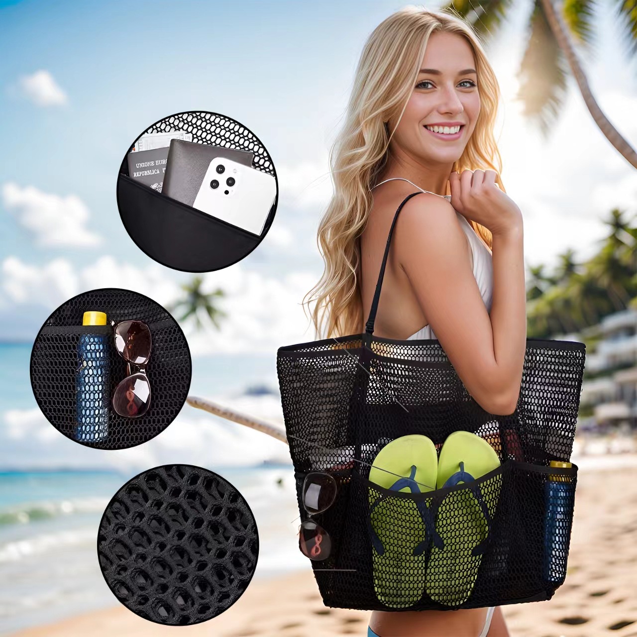 Beach Bags for Women, Summer Travel Mesh Tote Bag with Large Inner