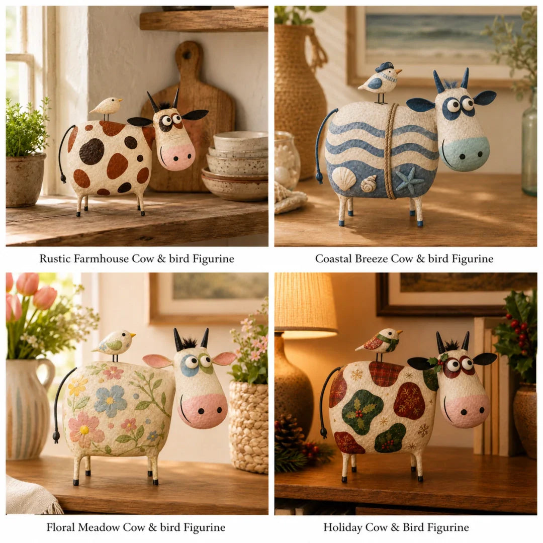 🐮 Whimsical Cow & Bird Folk Art Figurine – Charming Handmade-Inspired Decor for Your Home & Garden ✨