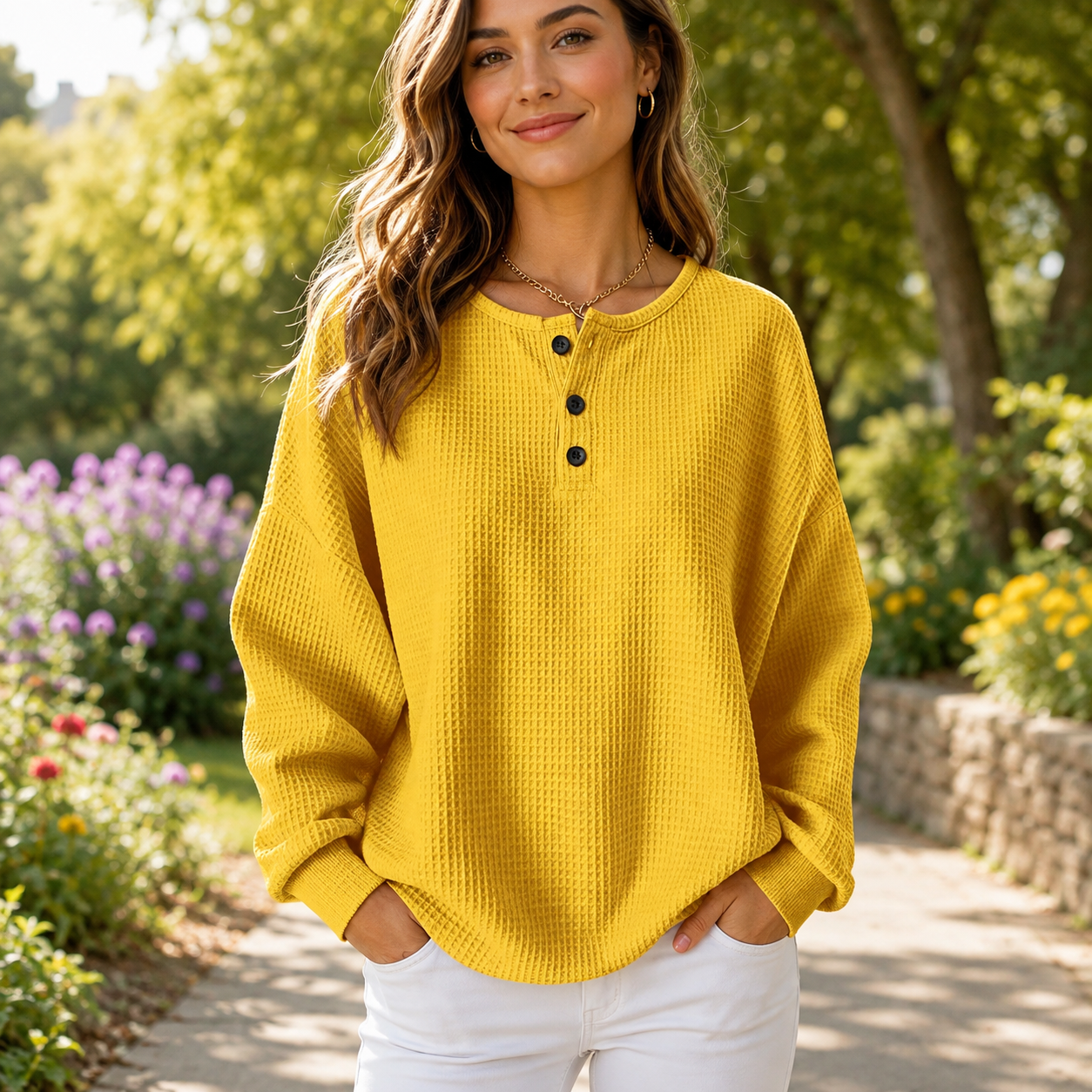 🍂 Cozy & Casual Women’s Waffle Henley Top – Relaxed Fit, S–5XL
