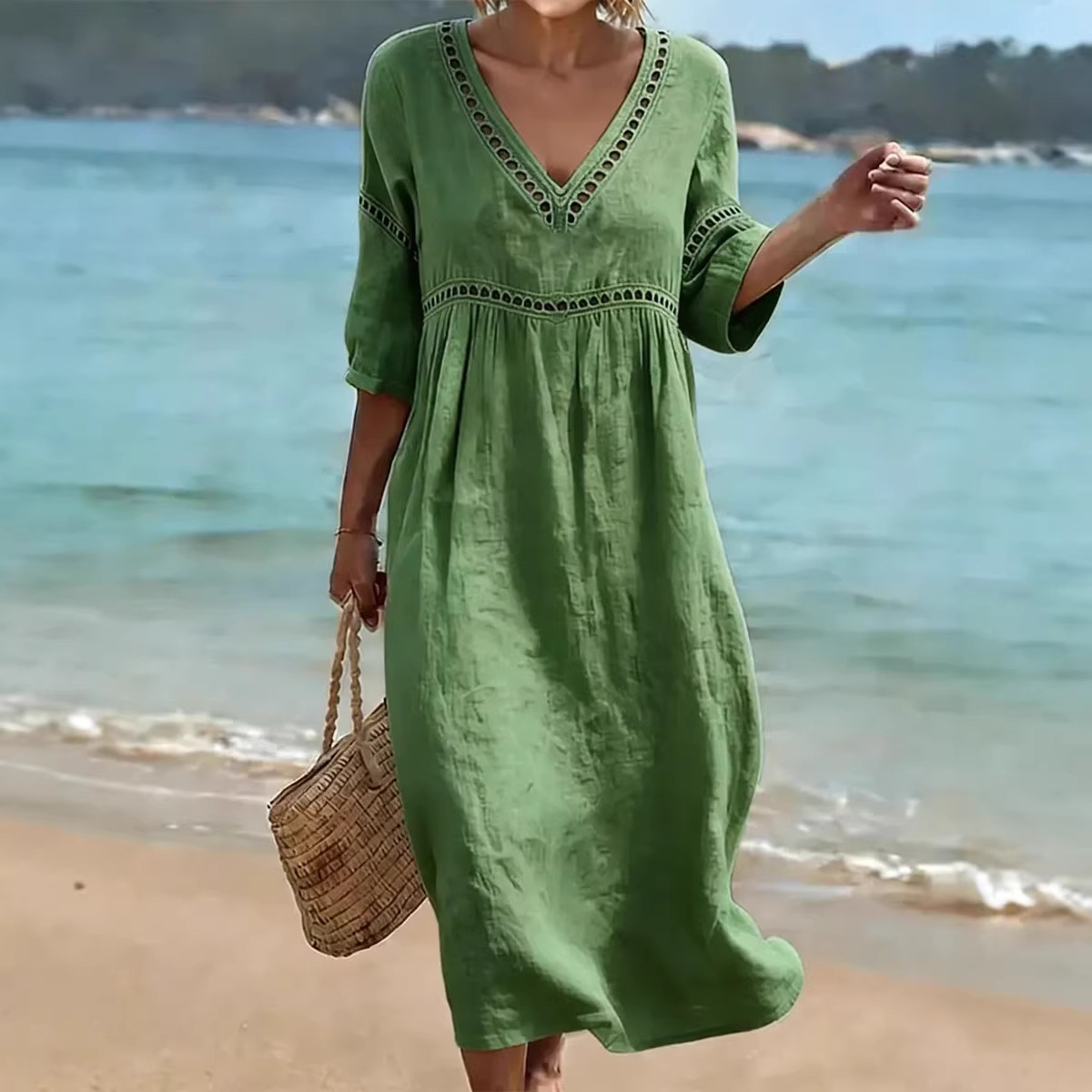 👗 Women's V-Neck Cotton-Linen Dress, , Hides belly and flatters your figure