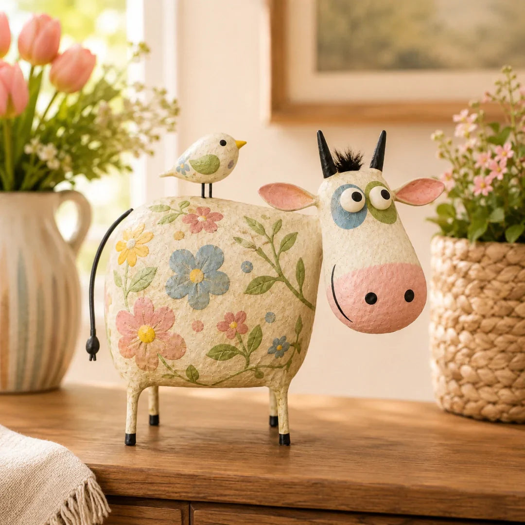 🐮 Whimsical Cow & Bird Folk Art Figurine – Charming Handmade-Inspired Decor for Your Home & Garden ✨