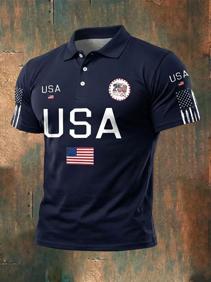 Men's American Flag Print Casual Polo Shirt