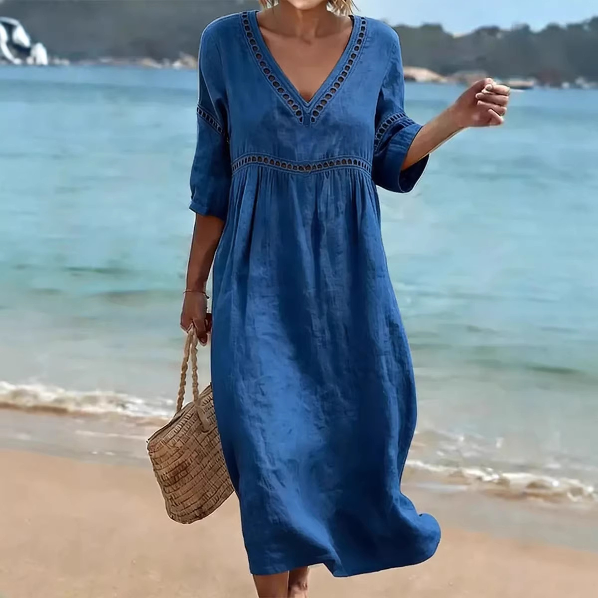 👗 Women's V-Neck Cotton-Linen Dress, , Hides belly and flatters your figure