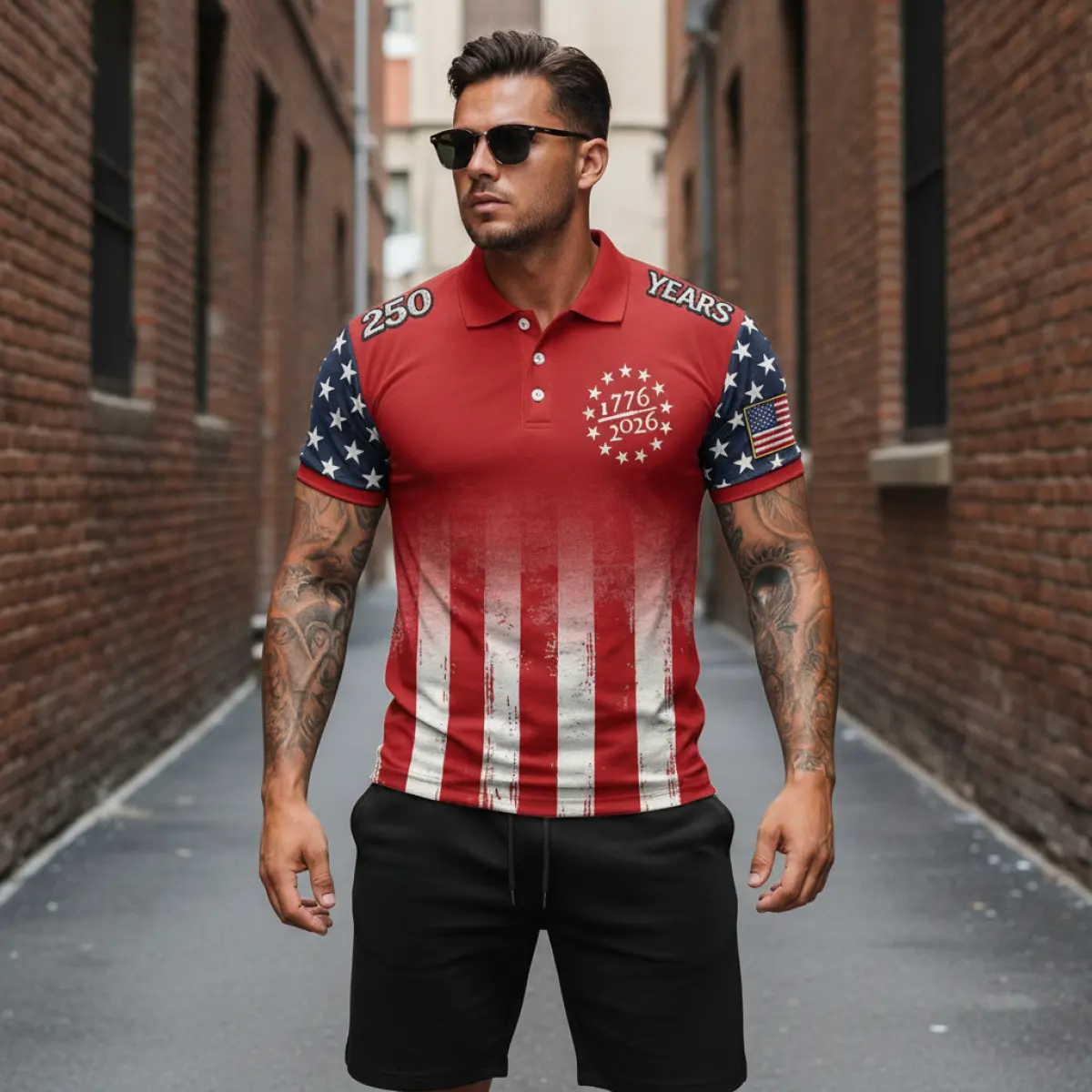 Men's Vintage 250th Anniversary American Flag 1776 Patriotic Print Polo Short-Sleeve T-Shirt