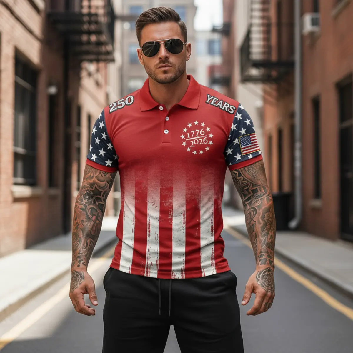 Men's Vintage 250th Anniversary American Flag 1776 Patriotic Print Polo Short-Sleeve T-Shirt