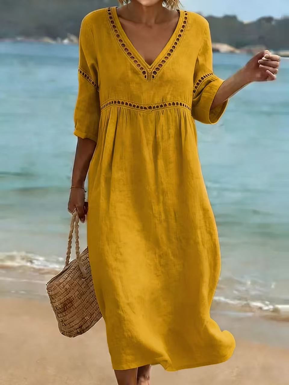 👗 Women's V-Neck Cotton-Linen Dress, , Hides belly and flatters your figure