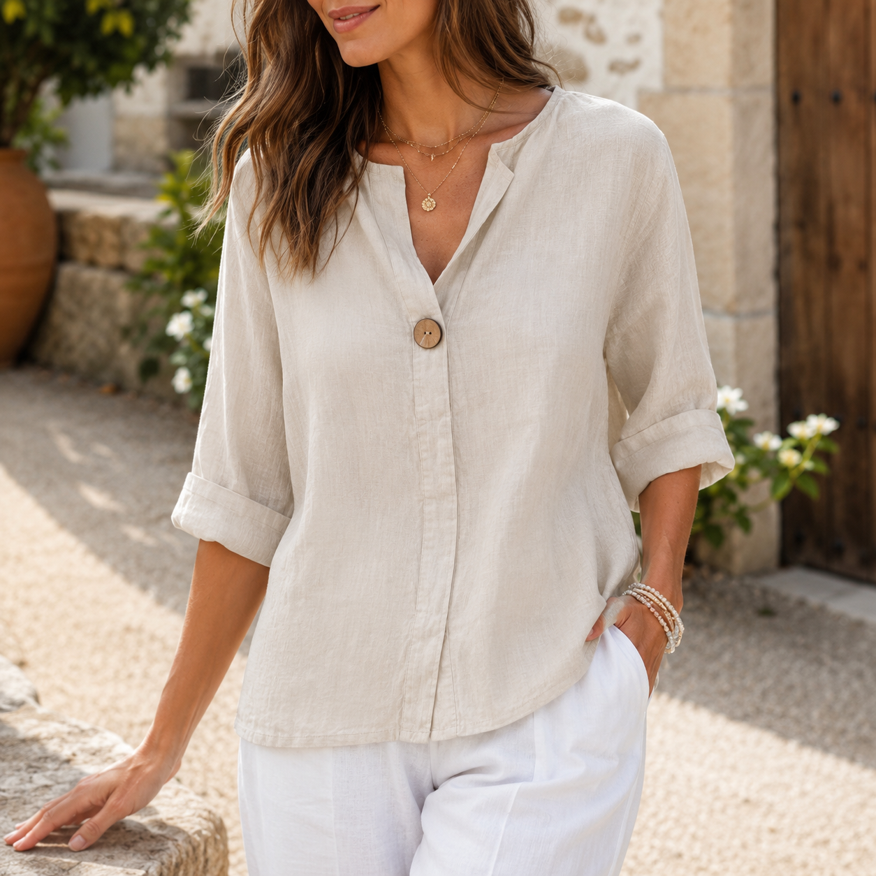 Airy Lightweight Women's Linen-Look Blouse with Relaxed Fit, Open Neckline & Decorative Button