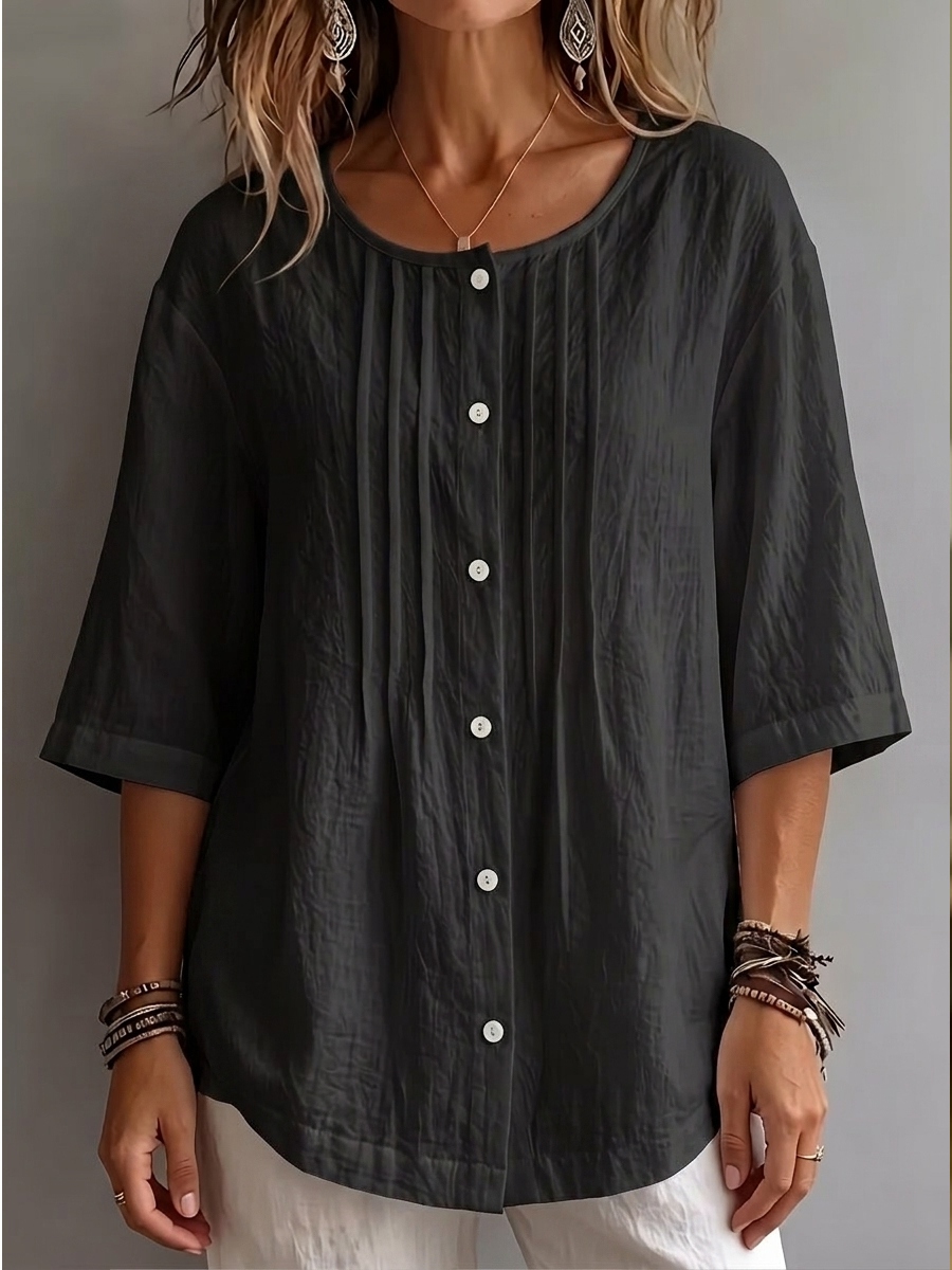 Nouveauté 🔥 Chemise plissée à col rond et manches trois-quarts pour femme