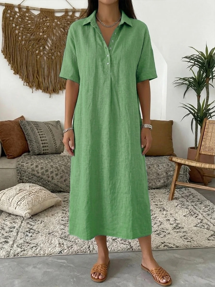 👗 Women's Linen Short Sleeve Polo Collar Dress, Hides belly and flatters your figure