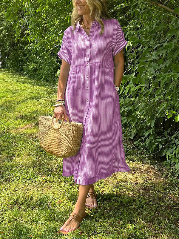 🎉 (Maat: S-4XL) 🛍️Nieuwe exclusieve zomerkleding 👗 Gestreepte revers-overhemdjurk met knopen | Met functionele zakken