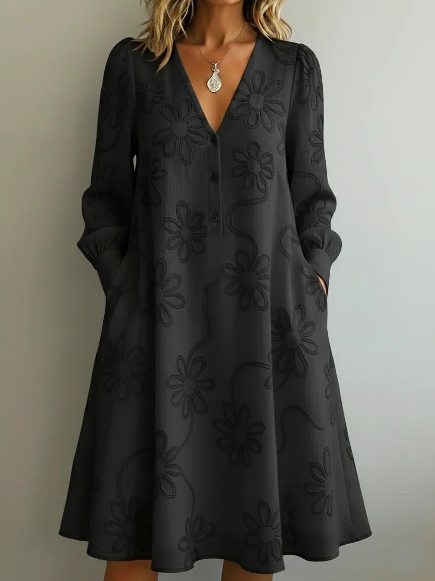 👗Women's V-neck retro floral long-sleeved dress, Hides belly and flatters your figure