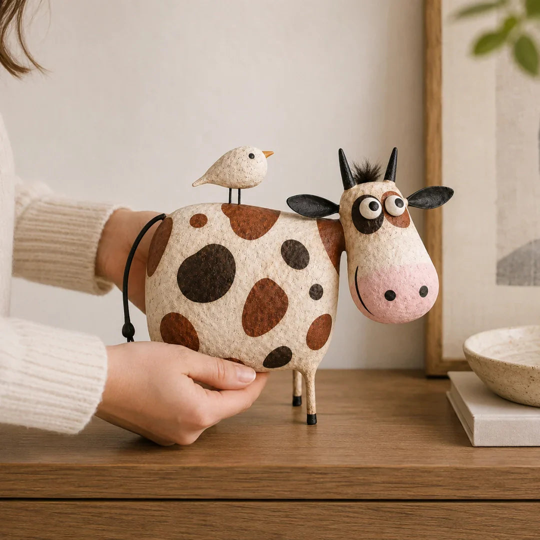 🐮 Whimsical Cow & Bird Folk Art Figurine – Charming Handmade-Inspired Decor for Your Home & Garden ✨