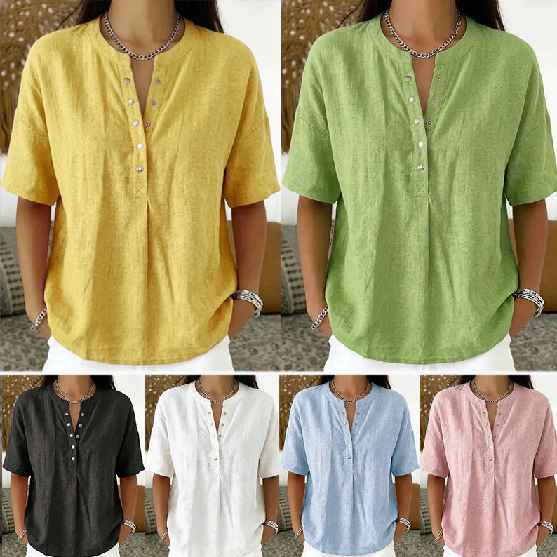 🎁2026 Nouveauté – Jusqu’à -70 % 🔥 Haut Femme Uni Décontracté à Coupe Ample – Boutonnage Henley & Mélange Coton-Lin