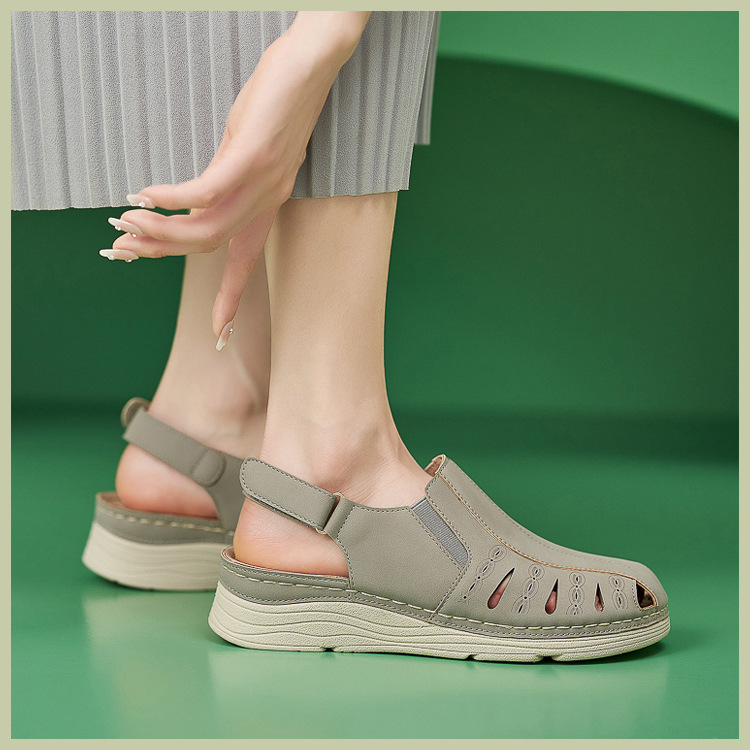 Sandales de marche orthopédiques décontractées à talon compensé et à bout ouvert, avec fermeture Velcro