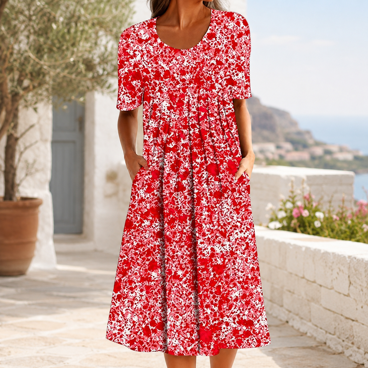 🌸 Luftiges Damenkleid mit floralen Designs und praktischen Taschen