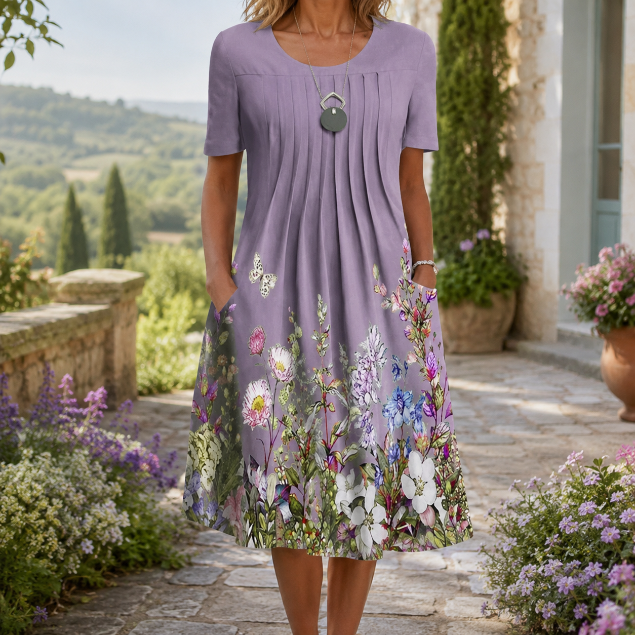 🌸 Luftiges Damenkleid mit floralen Designs und praktischen Taschen
