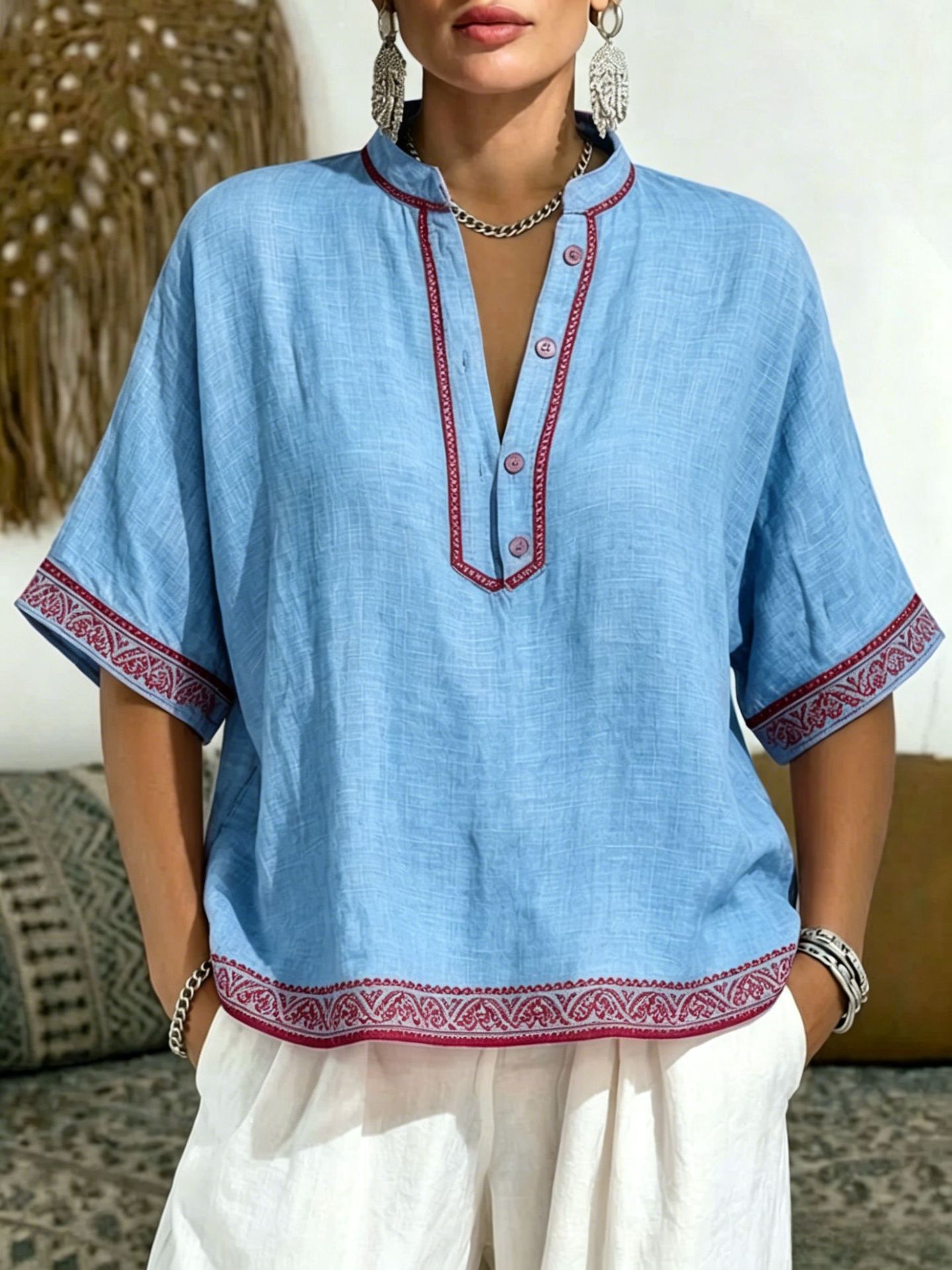 Women's Casual Linen Blend V-Neck Tunic Top – Relaxed Fit Short Sleeve Blouse