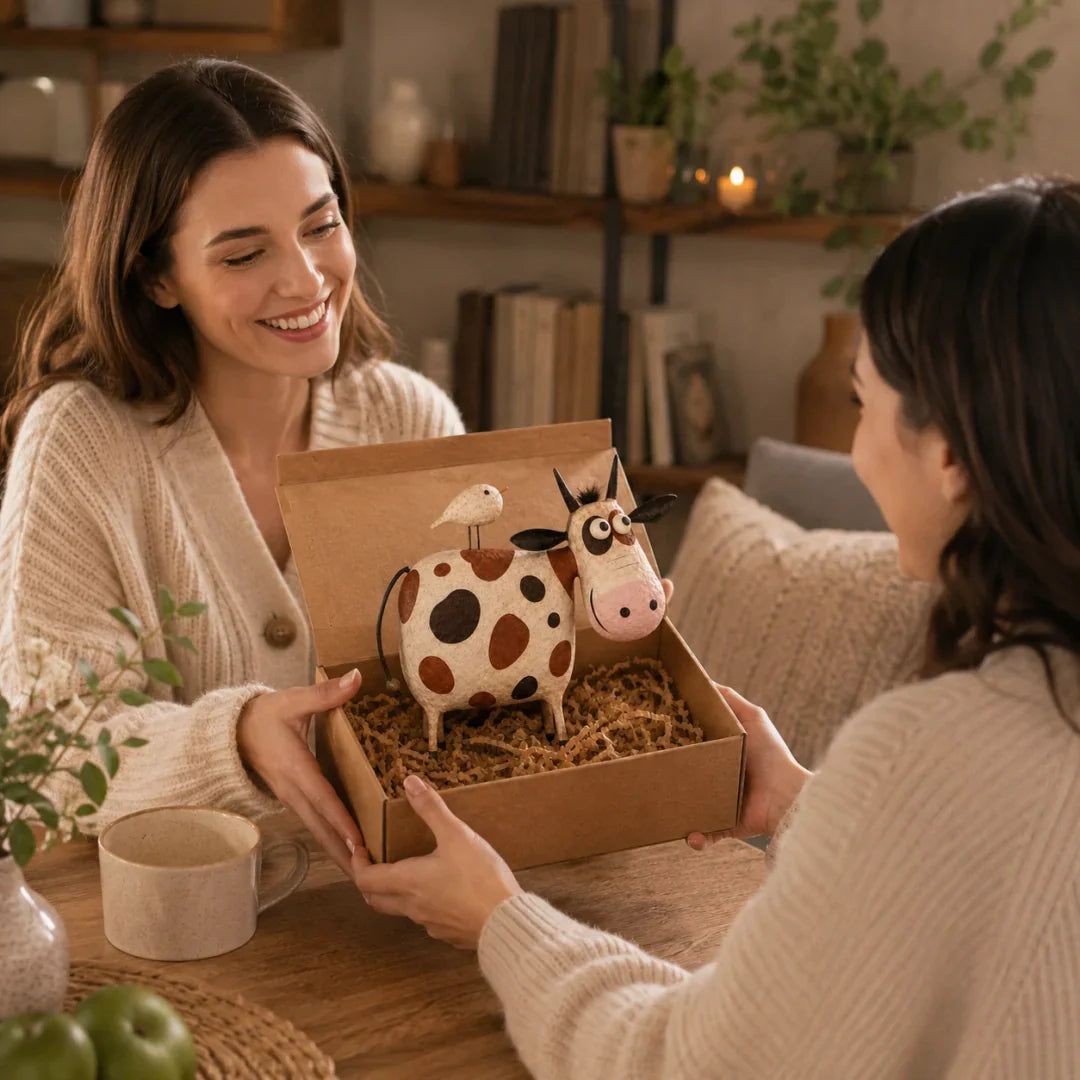 🐮 Whimsical Cow & Bird Folk Art Figurine – Charming Handmade-Inspired Decor for Your Home & Garden ✨
