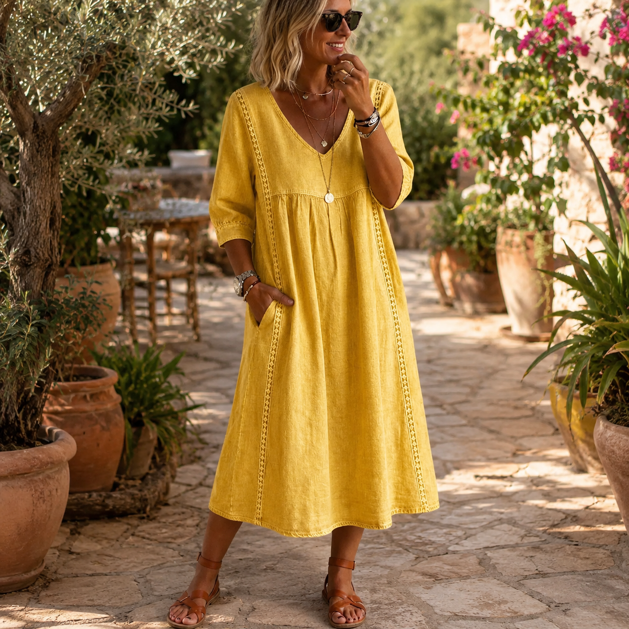🌿 Effortless Elegance — Women’s Lace-Trim Midi Dress with Pockets ✨