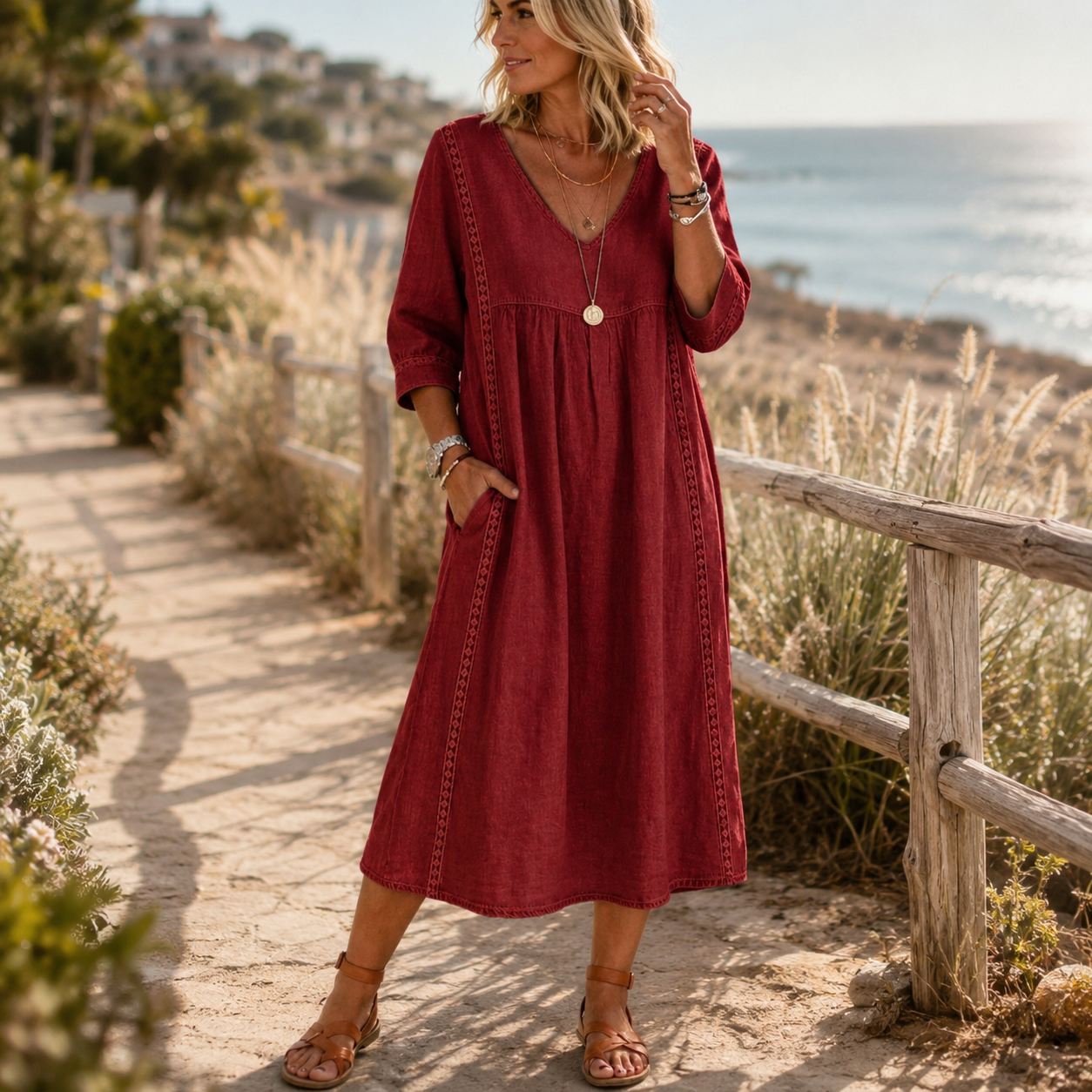 🌿 Effortless Elegance — Women’s Lace-Trim Midi Dress with Pockets ✨