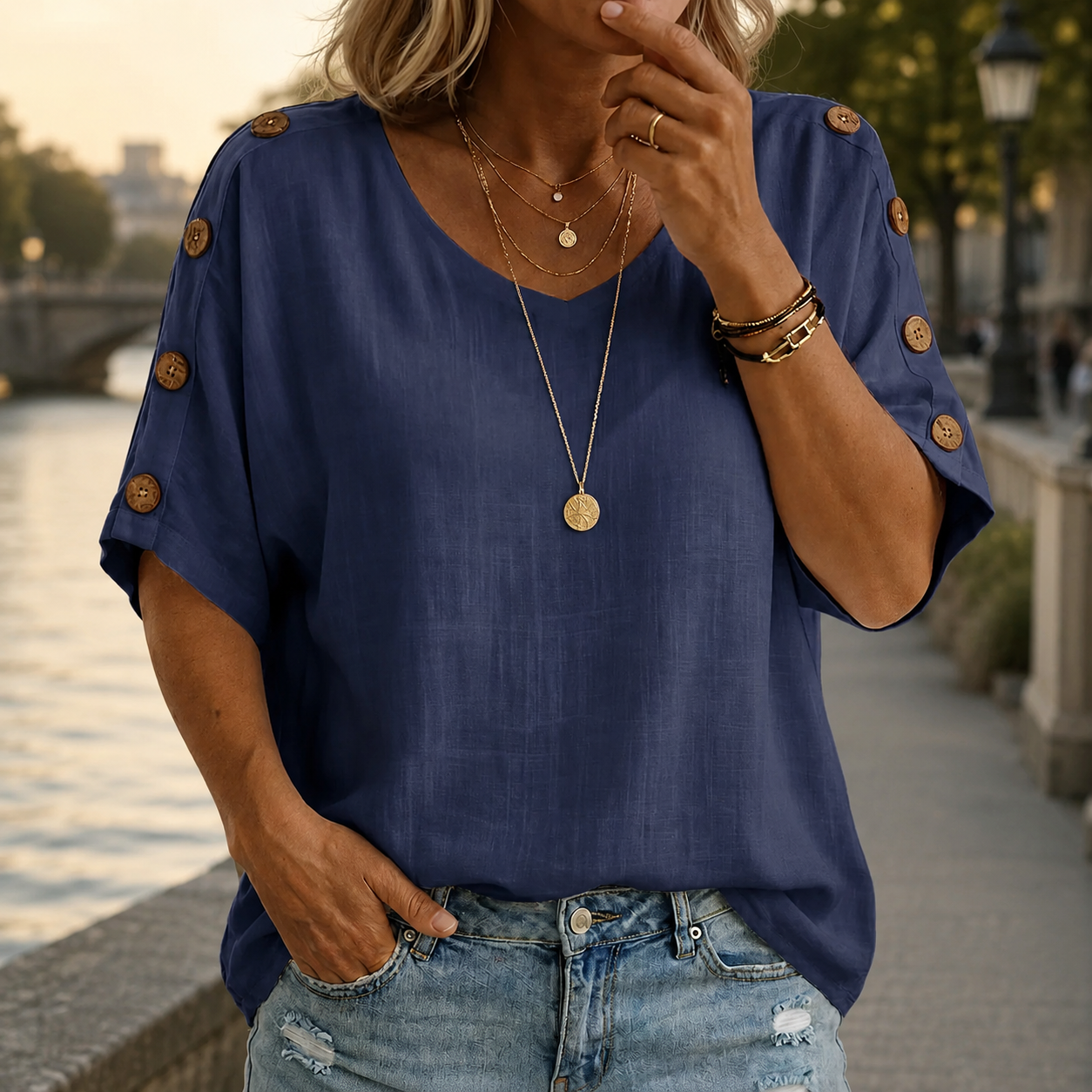 Airy Women's Blouse with Decorative Buttons