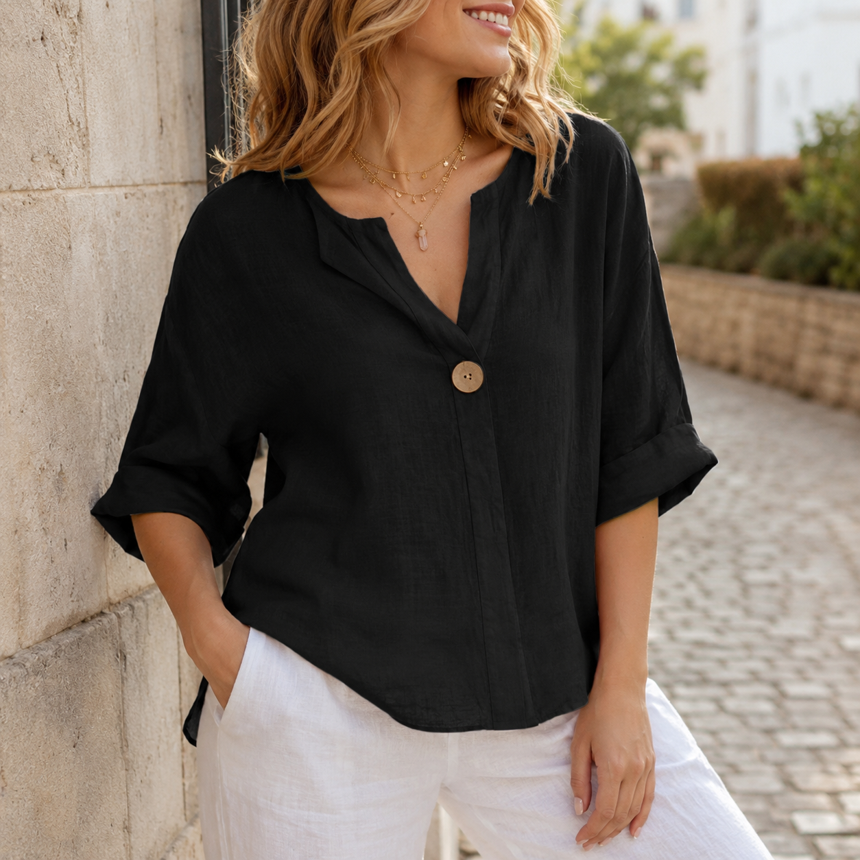 Airy Lightweight Women's Linen-Look Blouse with Relaxed Fit, Open Neckline & Decorative Button