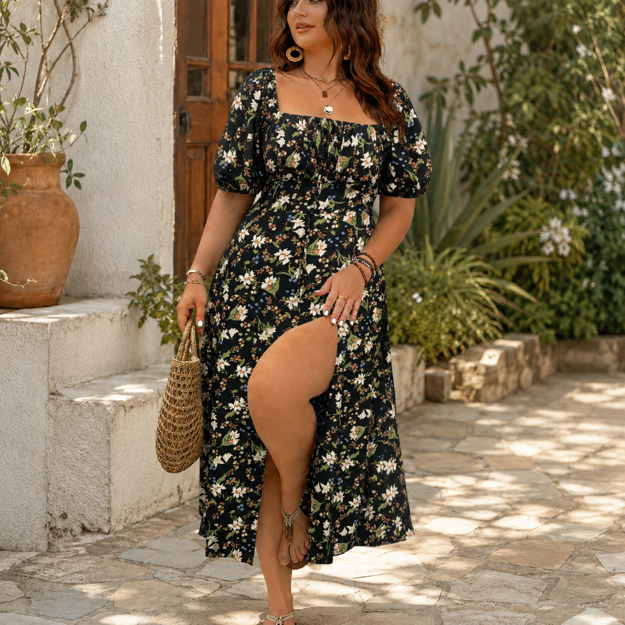 🌸 Effortless Elegance: Black Floral Puff Sleeve Slit Midi Dress ✨