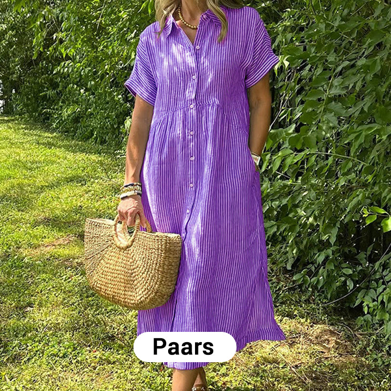 🎉 (Maat: S-4XL) 🛍️Nieuwe exclusieve zomerkleding 👗 Gestreepte revers-overhemdjurk met knopen | Met functionele zakken