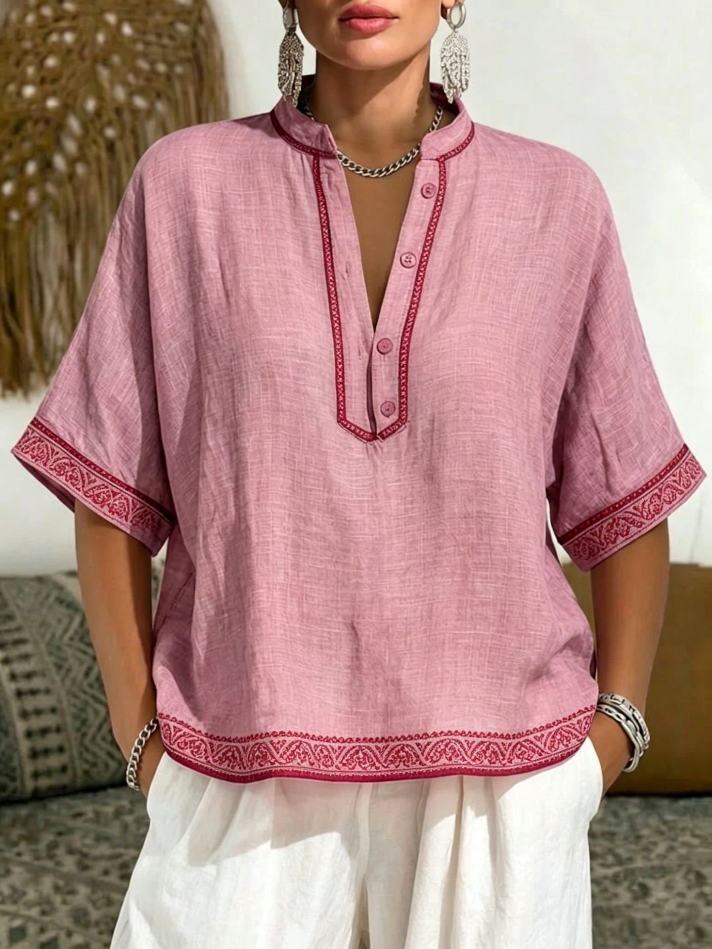 Women's Casual Linen Blend V-Neck Tunic Top – Relaxed Fit Short Sleeve Blouse