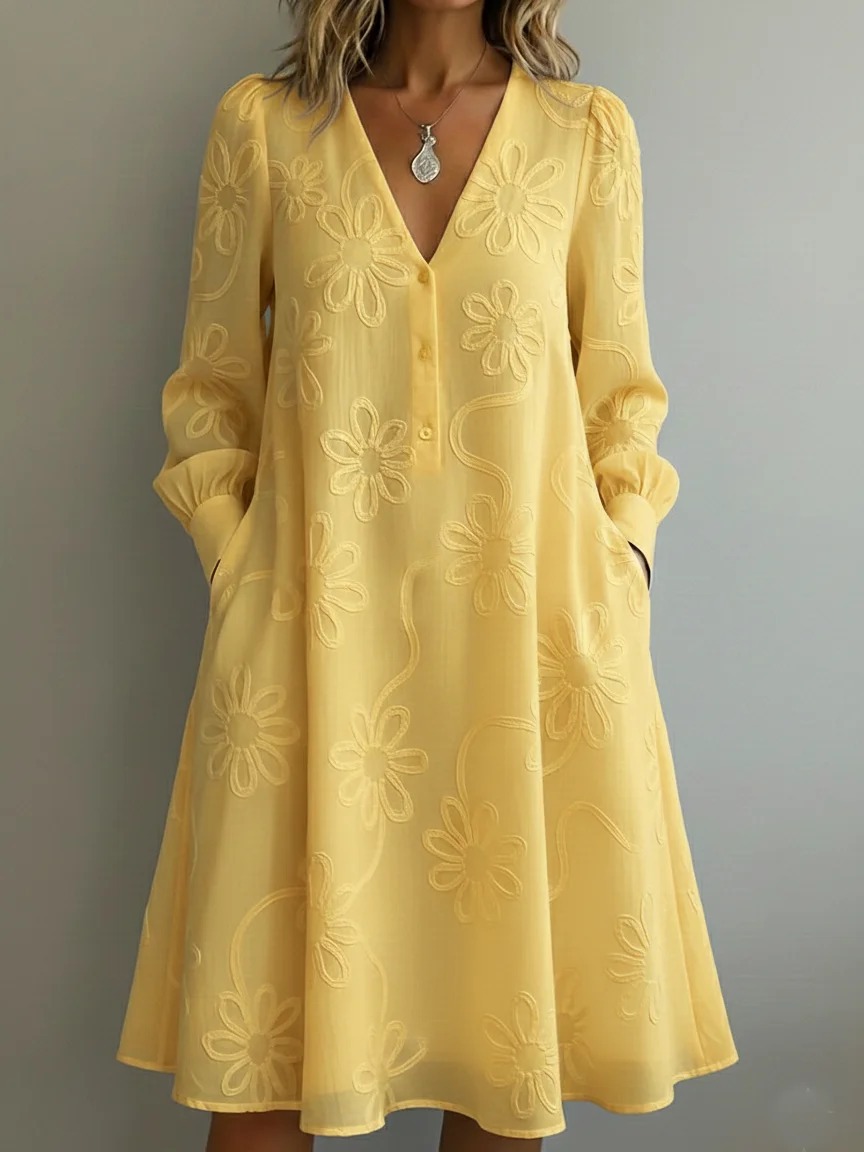 👗Women's V-neck retro floral long-sleeved dress, Hides belly and flatters your figure