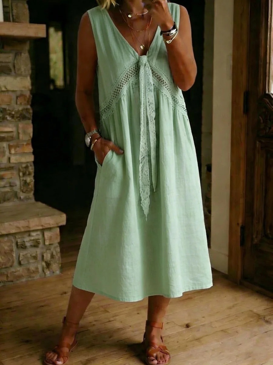 🔥👗Women's Casual Loose-fitting Patchwork Lace Trim Linen And Cotton Dress