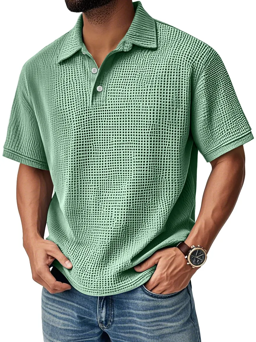 Men's Textured Grid-Pattern Short-Sleeve Polo Shirt