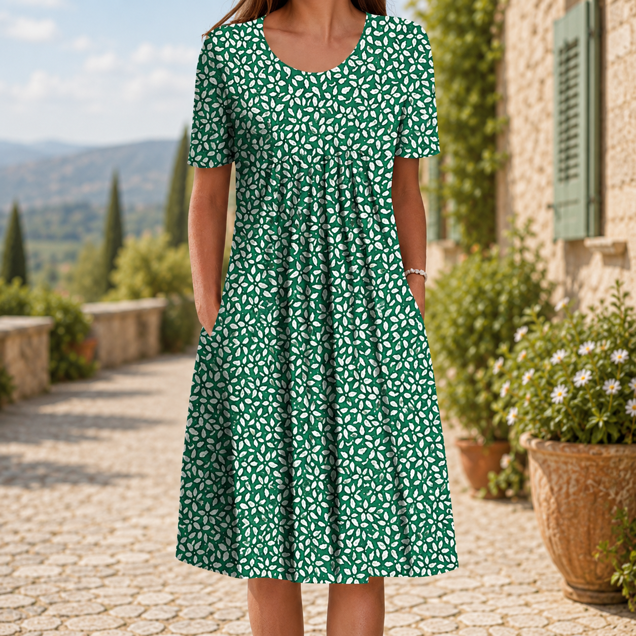 🌸 Luftiges Damenkleid mit floralen Designs und praktischen Taschen