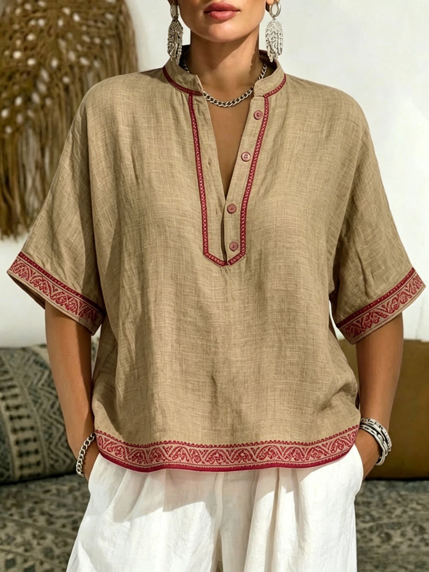 Women's Casual Linen Blend V-Neck Tunic Top – Relaxed Fit Short Sleeve Blouse