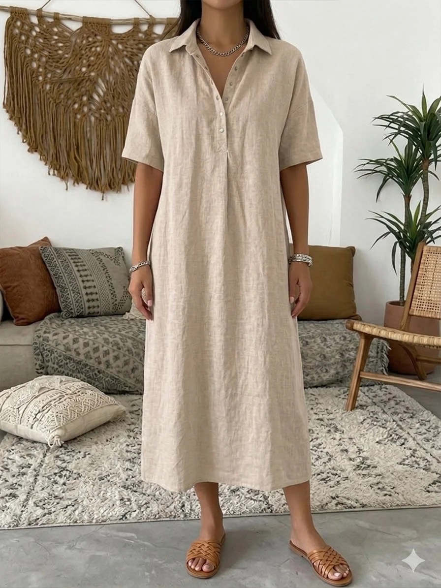 👗 Women's Linen Short Sleeve Polo Collar Dress, Hides belly and flatters your figure