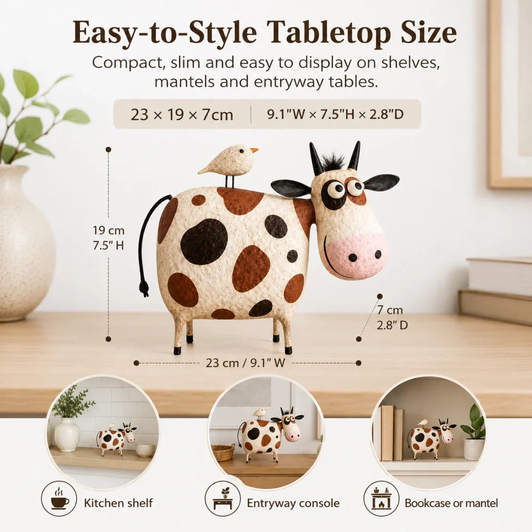 🐮 Whimsical Cow & Bird Folk Art Figurine – Charming Handmade-Inspired Decor for Your Home & Garden ✨