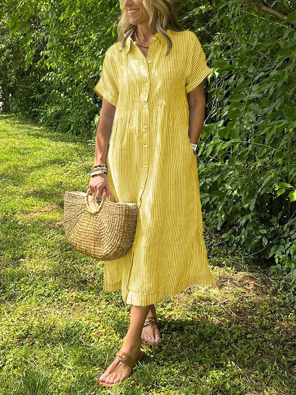 🎉 (Maat: S-4XL) 🛍️Nieuwe exclusieve zomerkleding 👗 Gestreepte revers-overhemdjurk met knopen | Met functionele zakken